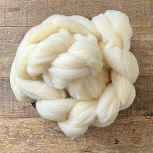 Vancouver Island Babydoll Southdown Pindrafted Roving, sold in 50 & 100 gram bumps